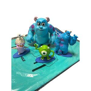Monsters Inc Figurines Set & Teal Plastic Table Cover 54"x108"  Birthday Party